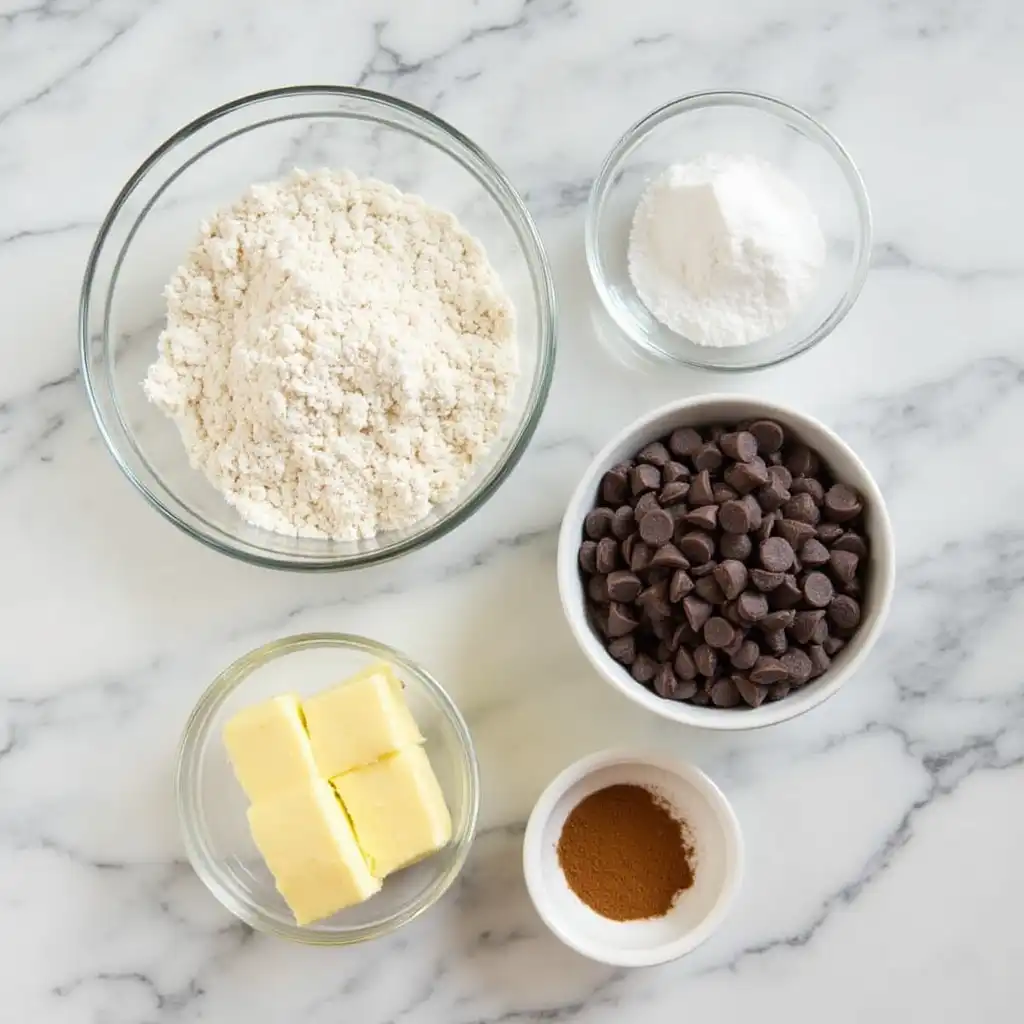 Ingredients for CPS cookies including flour, sugar, butter, chocolate chips, and cinnamon on a marble kitchen countertop.