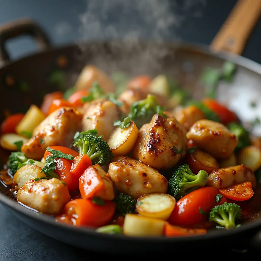 Close-up of a paleo stir-fry in a wok featuring grilled chicken, vibrant vegetables, and coconut aminos sauce being stirred with a wooden spoon