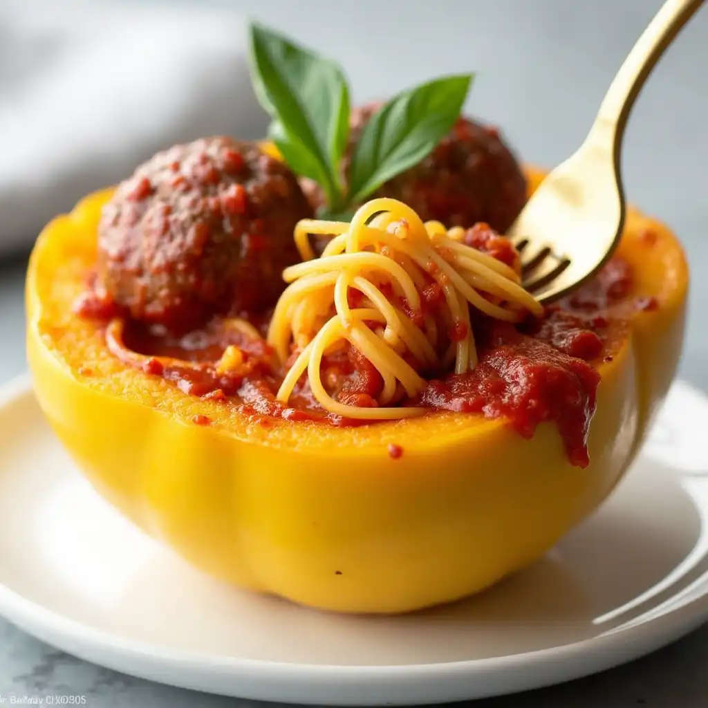 Baked spaghetti squash with fork-pulled noodles, topped with paleo meatballs and marinara sauce, garnished with fresh basil on a white plate