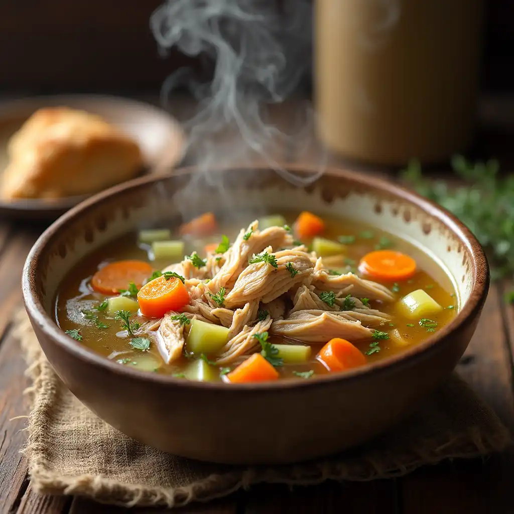 Rustic bowl of steaming paleo chicken vegetable soup with shredded chicken, carrots, celery, and herbs in a clear broth on a wooden table