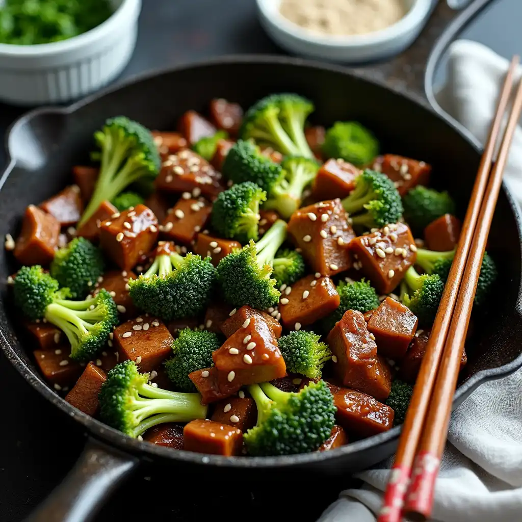 Stir-fried beef and broccoli in a cast iron skillet, coated with a glossy coconut aminos glaze, sprinkled with sesame seeds, chopsticks beside the pan
