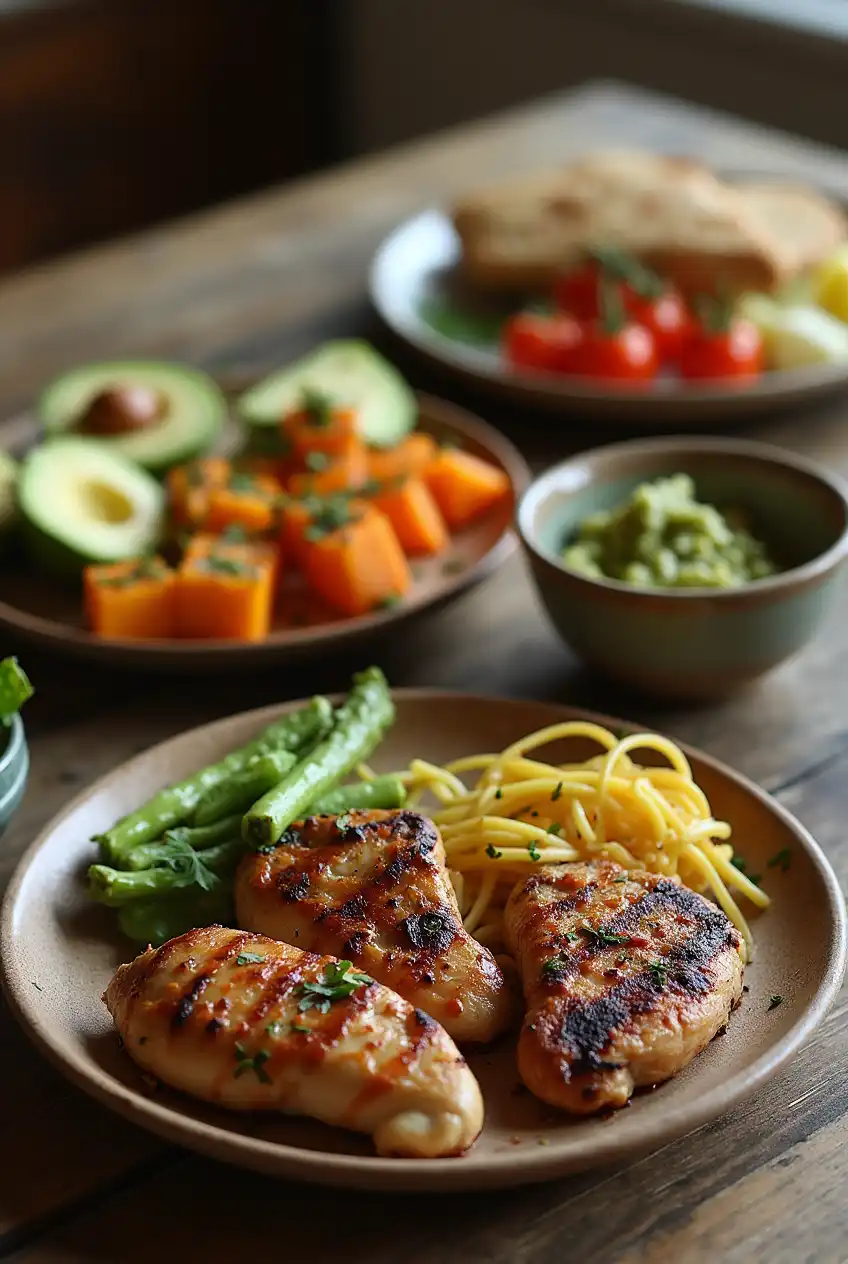 Rustic wooden table featuring easy paleo dinner recipes including grilled chicken, roasted vegetables, avocado slices, and fresh herbs in a cozy, naturally lit setting