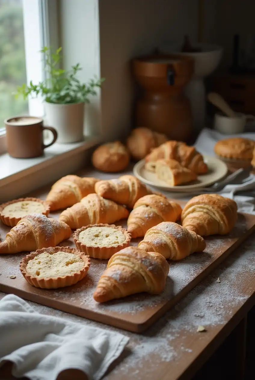 Assortment of gluten-free pastries including croissants, tarts, and scones on a rustic wooden table with baking tools and ingredients.