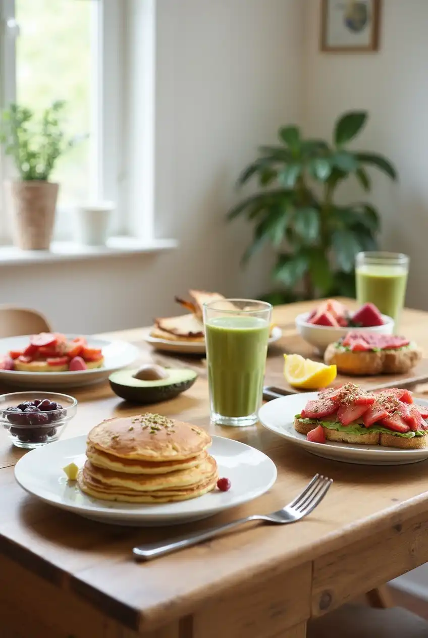A table with various gluten free breakfast recipes including pancakes, avocado toast, smoothie, and oatmeal
