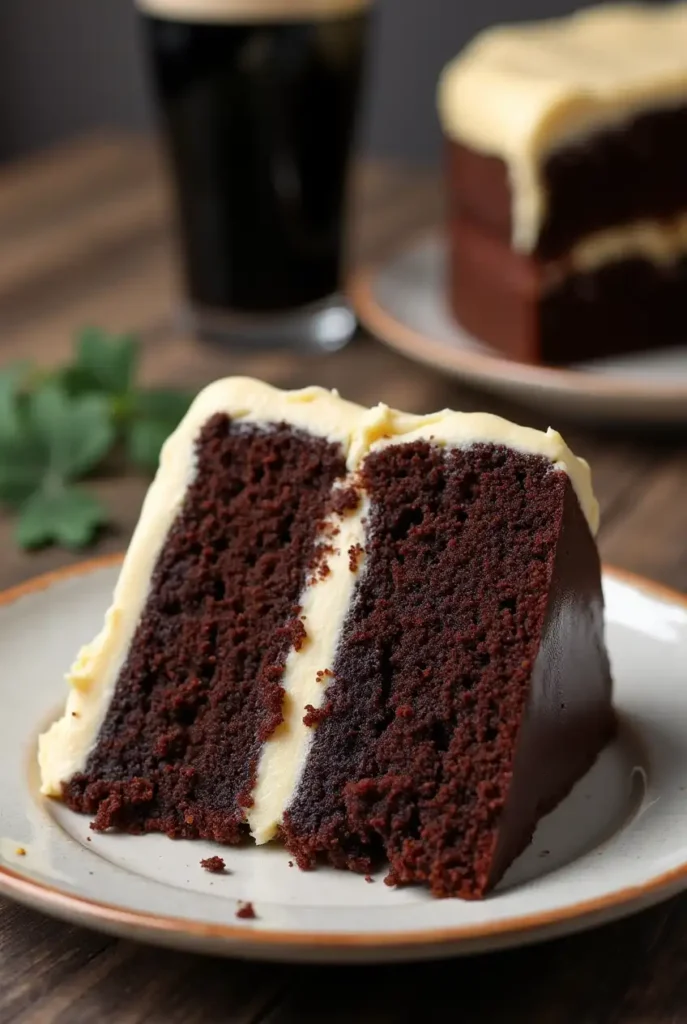 Slice of rich Guinness chocolate cake topped with creamy frosting on a dessert plate.