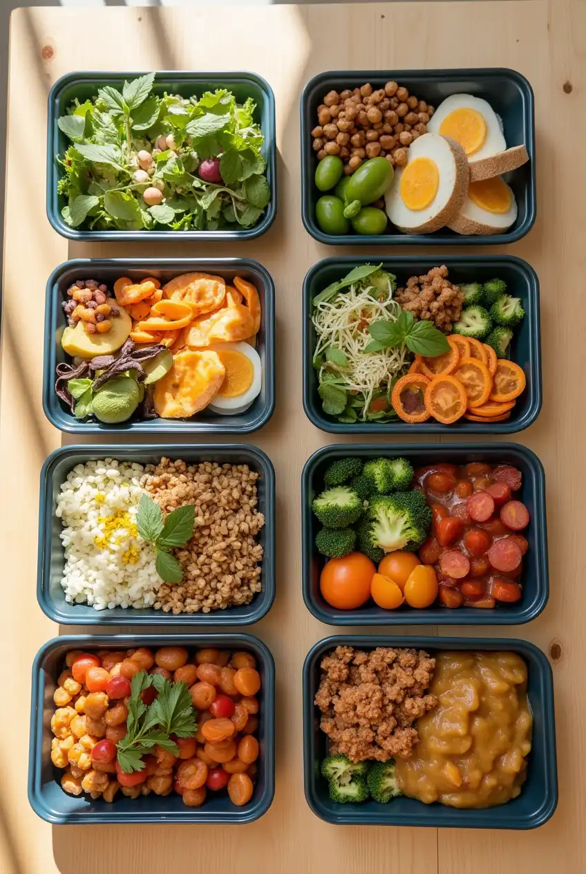 A variety of colorful lunch meal prep containers filled with different healthy meals on a wooden table