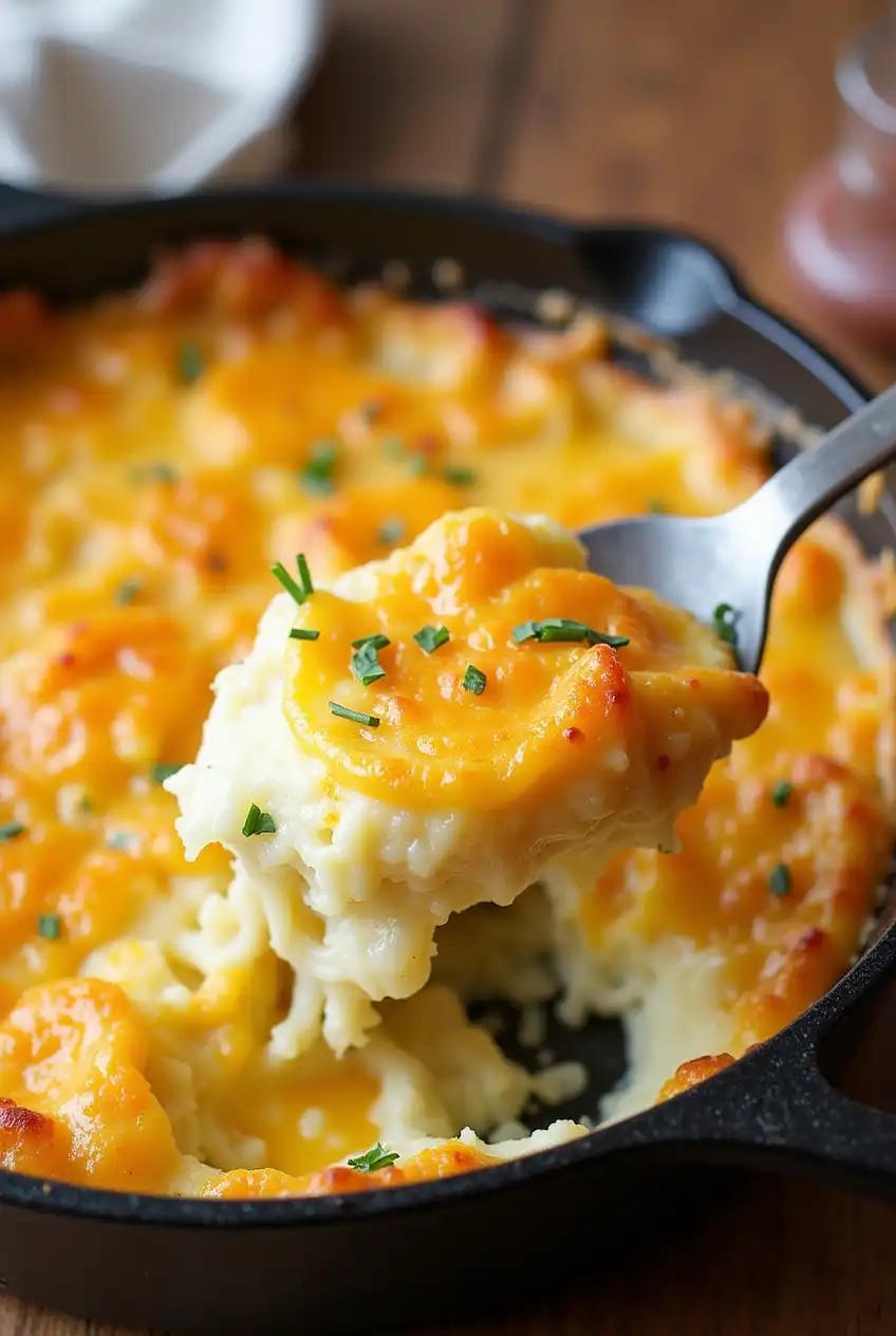 Golden baked scalloped potatoes in a casserole dish with melted cheese and herbs on top.