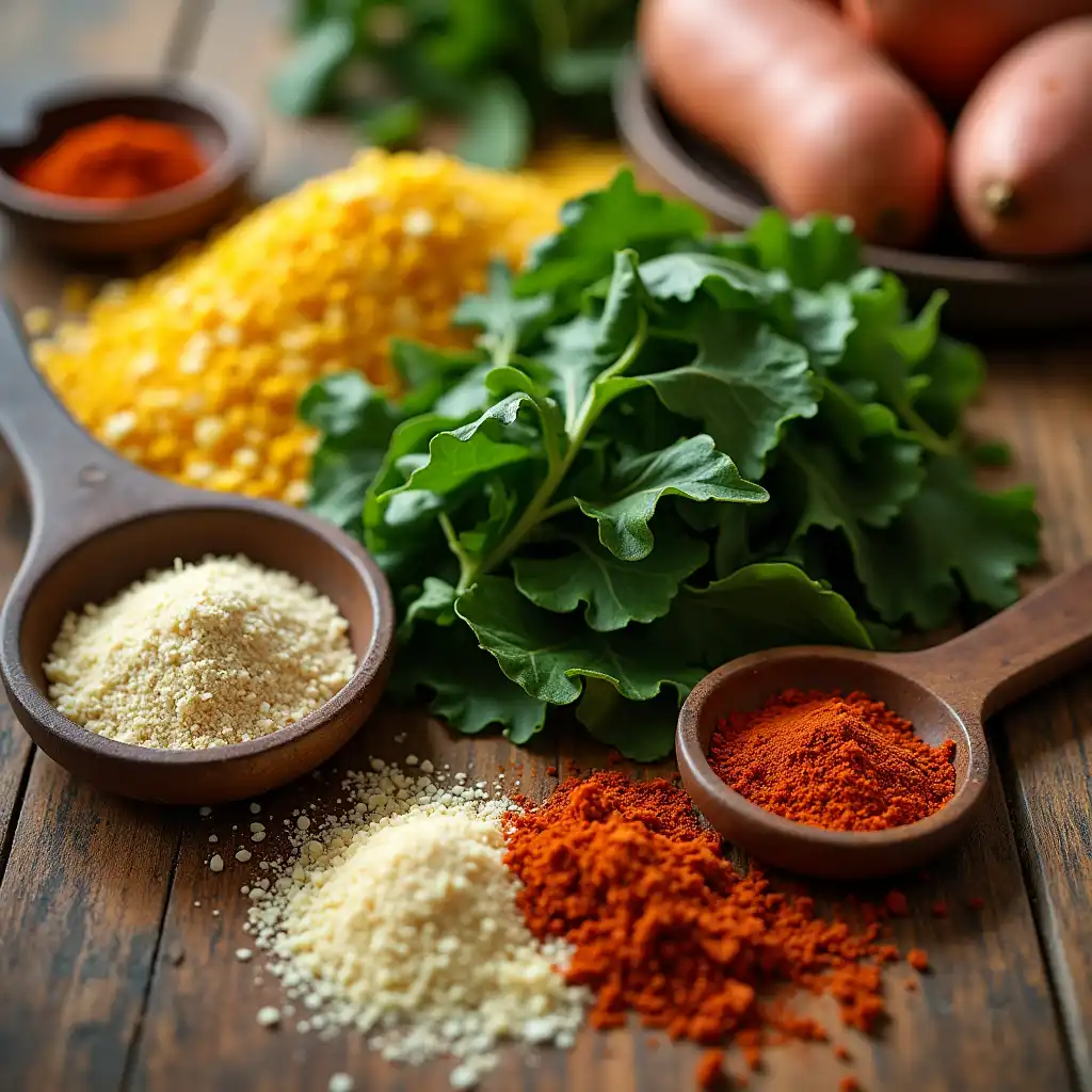 Flat lay of soul food spices and ingredients including cornmeal, sweet potatoes, collard greens, and seasonings on a wooden counter