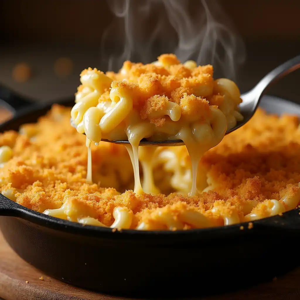 Baked mac and cheese with golden breadcrumbs served hot in a cast iron skillet