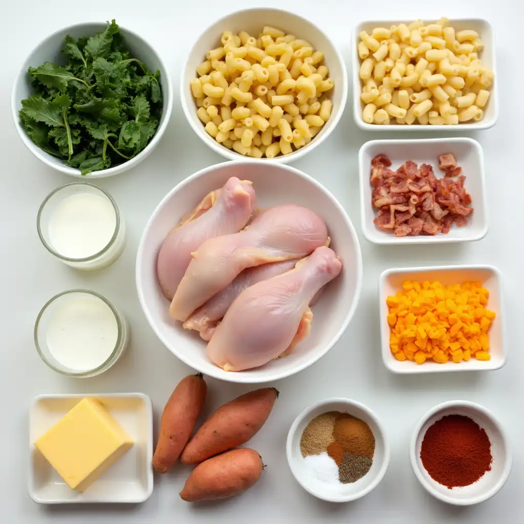 Chopped collard greens, elbow macaroni, raw chicken, and cheddar cheese arranged for soul food prep