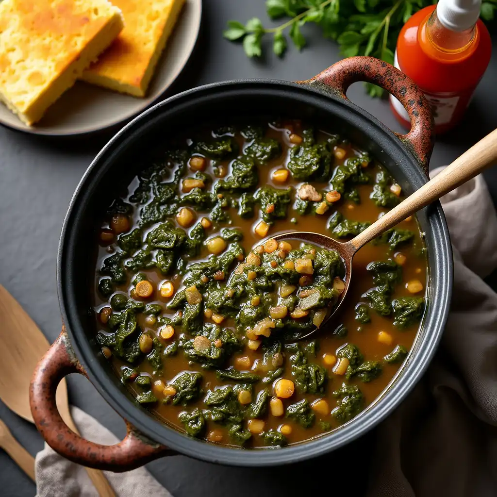 A pot of collard greens cooked with smoked turkey and oni