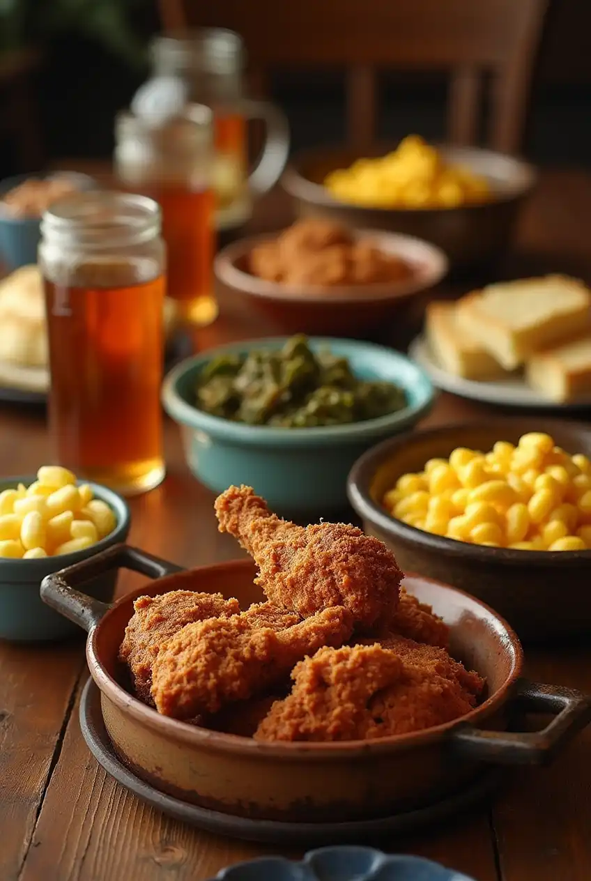 A comforting soul food dinner spread with fried chicken, mac and cheese, collard greens, and iced tea on a rustic table