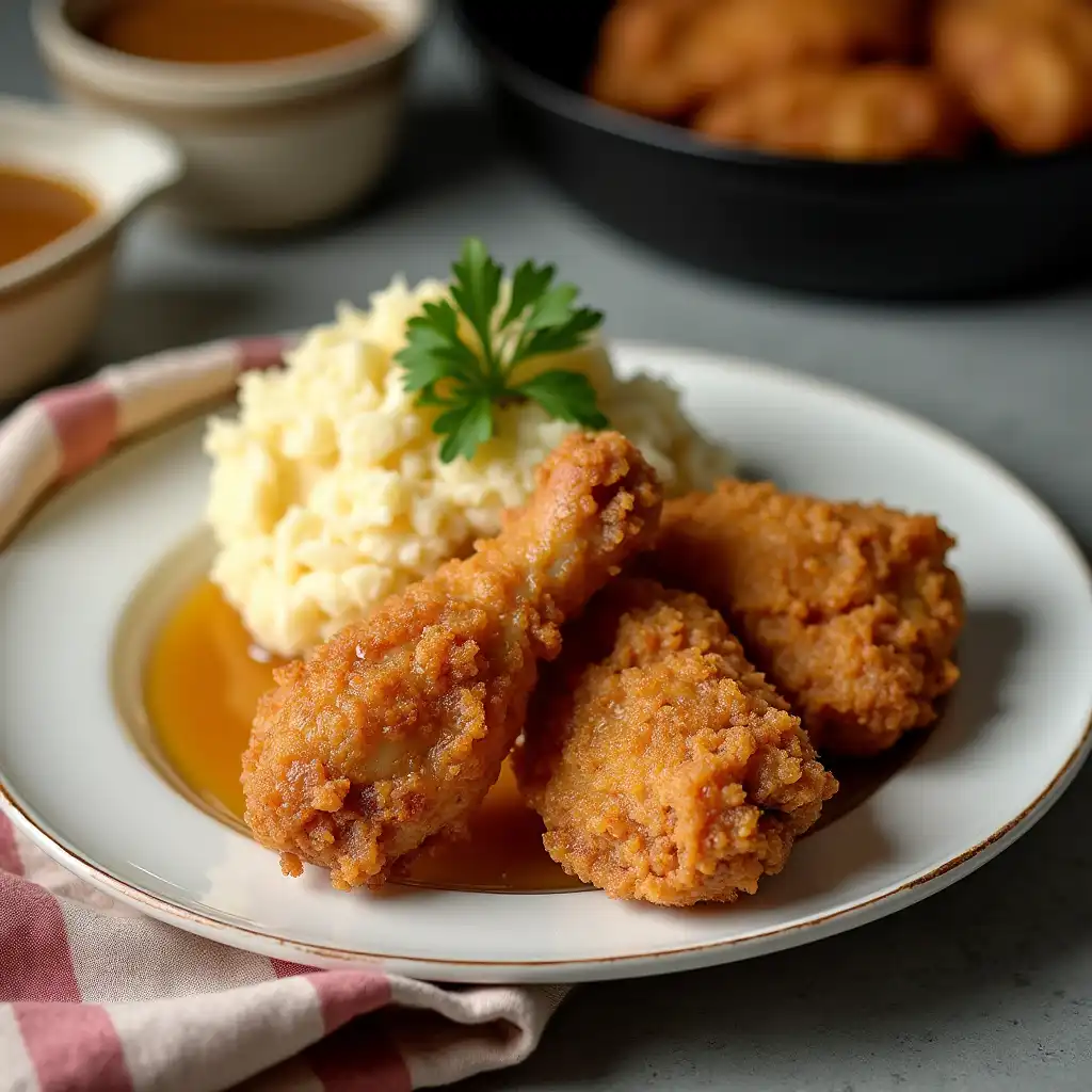 Golden crispy Southern fried chicken served with mashed potatoes and gravy on a white plate