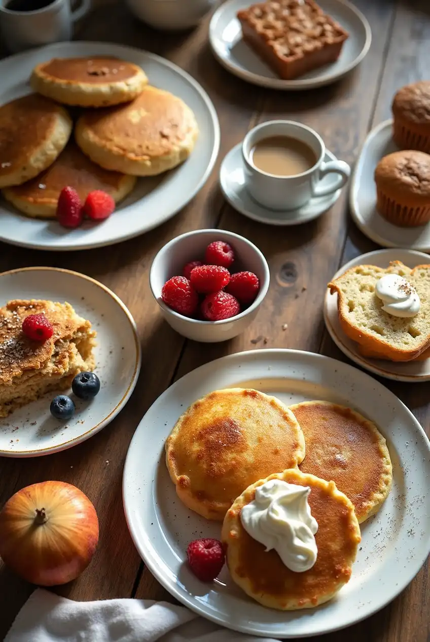 Assorted sourdough discard breakfast dishes on a rustic table including pancakes, waffles, muffins, and banana bread
