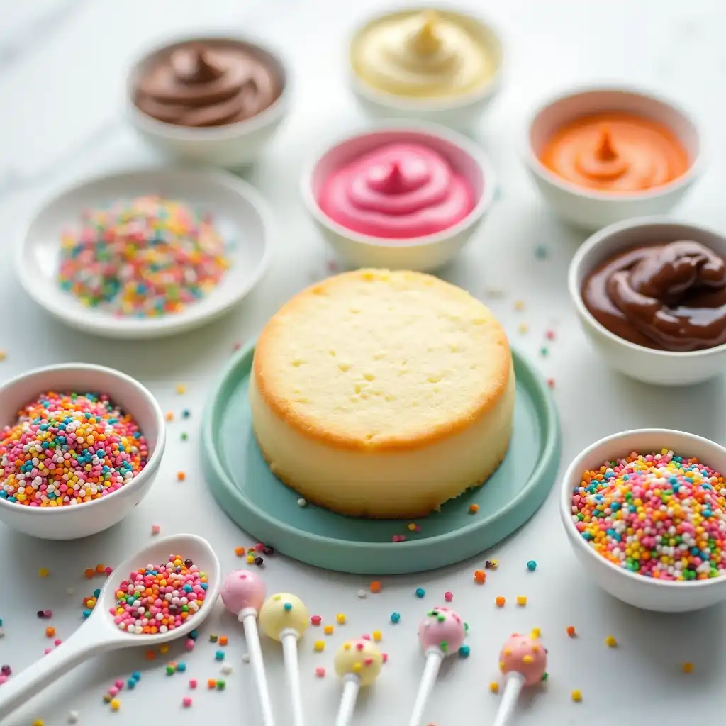Key ingredients for Starbucks cake pop recipe including vanilla cake, frosting, candy melts, and sprinkles.