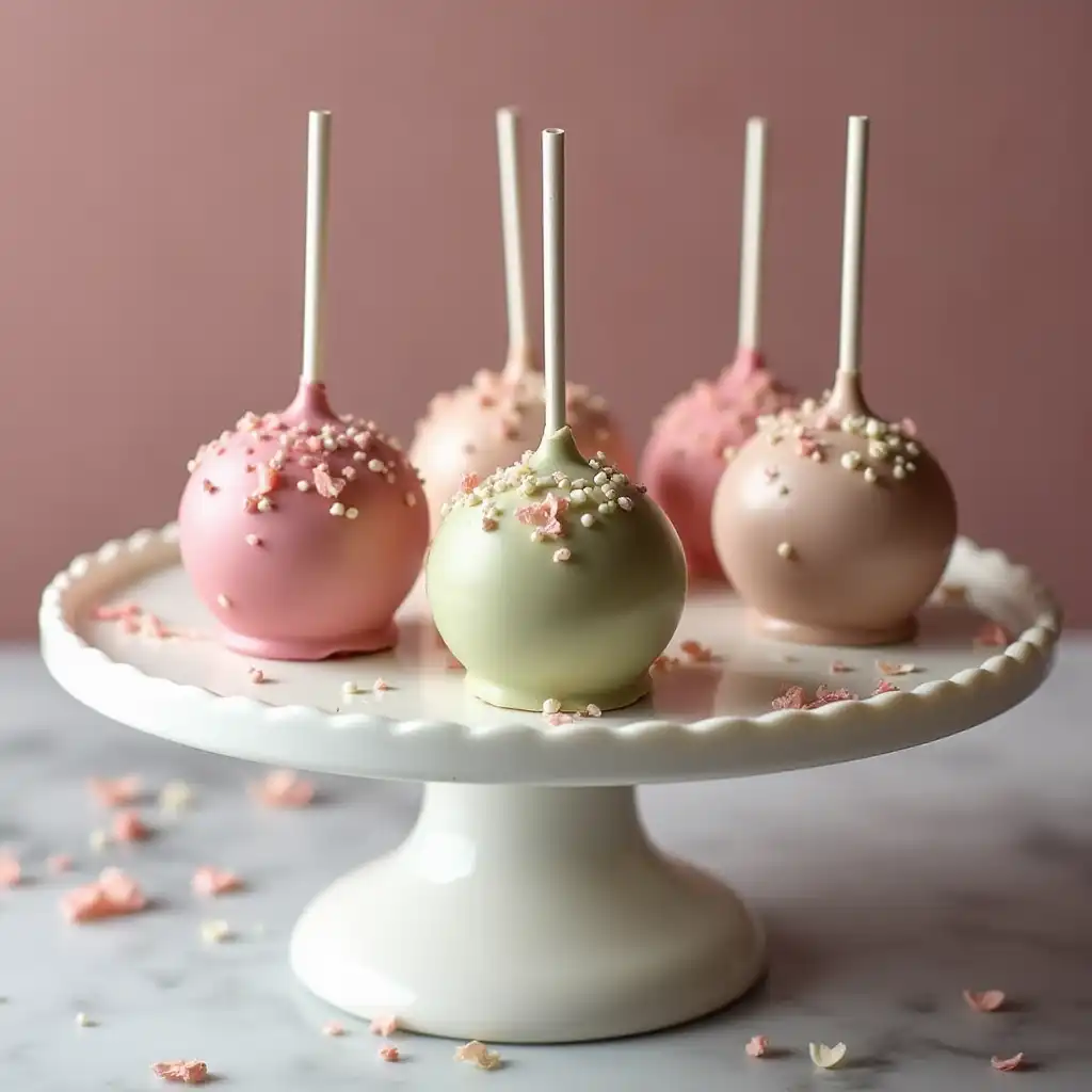 Homemade Starbucks-inspired cake pops on a serving platter with a cozy kitchen background. Caption: Recreate the magic of Starbucks cake pops at home with this foolproof recipe!