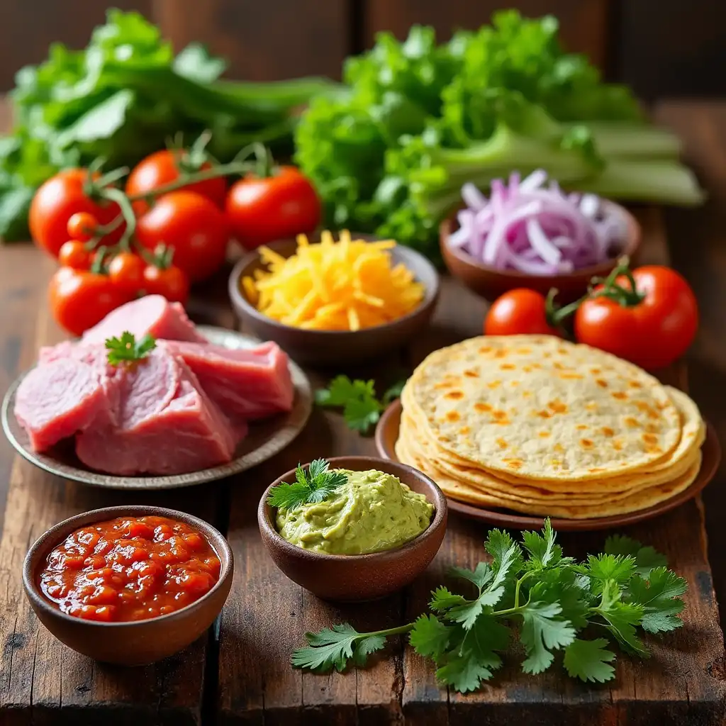 Assortment of taco ingredients with meats, veggies, and tortillas on a rustic surface.