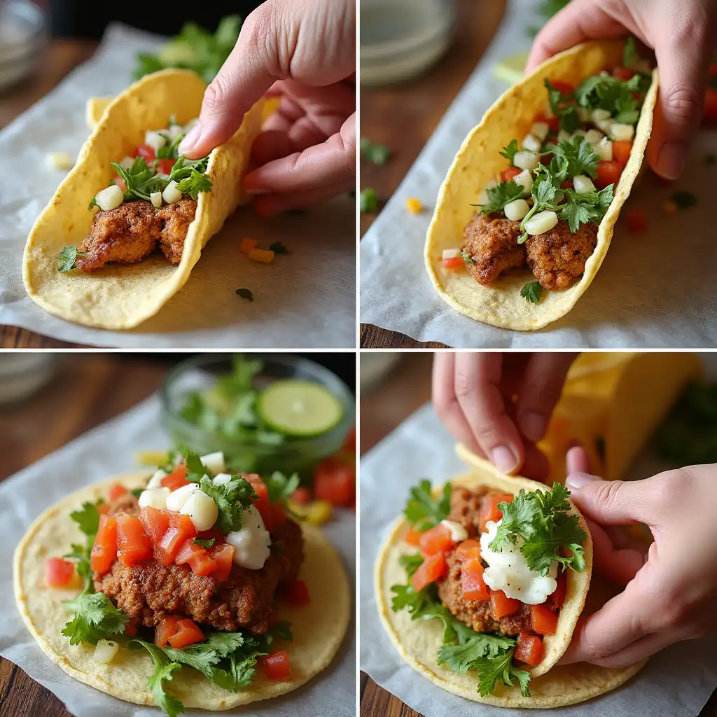 Step-by-step elegant taco assembly, highlighting texture and color.