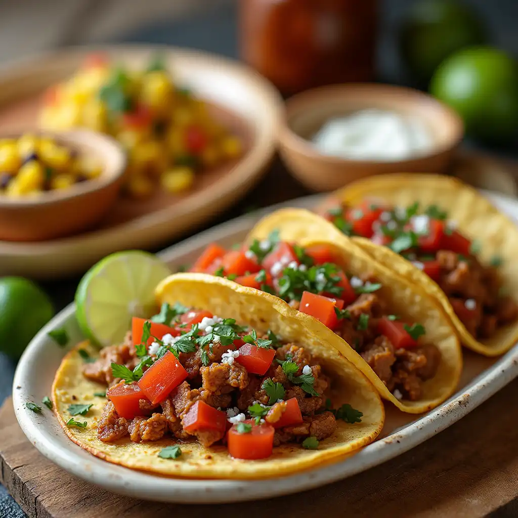 Plated tacos ready to serve with cilantro lime rice and corn bean salad.