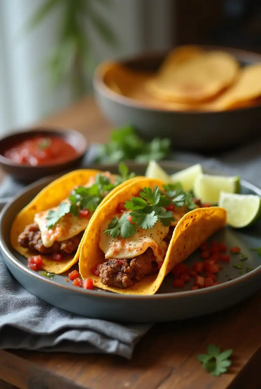 Vibrant homemade taco with salsa and lime wedges on a cozy kitchen table.