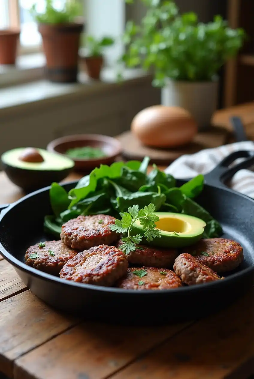 Cooked venison breakfast sausage patties in a cast iron skillet with keto sides