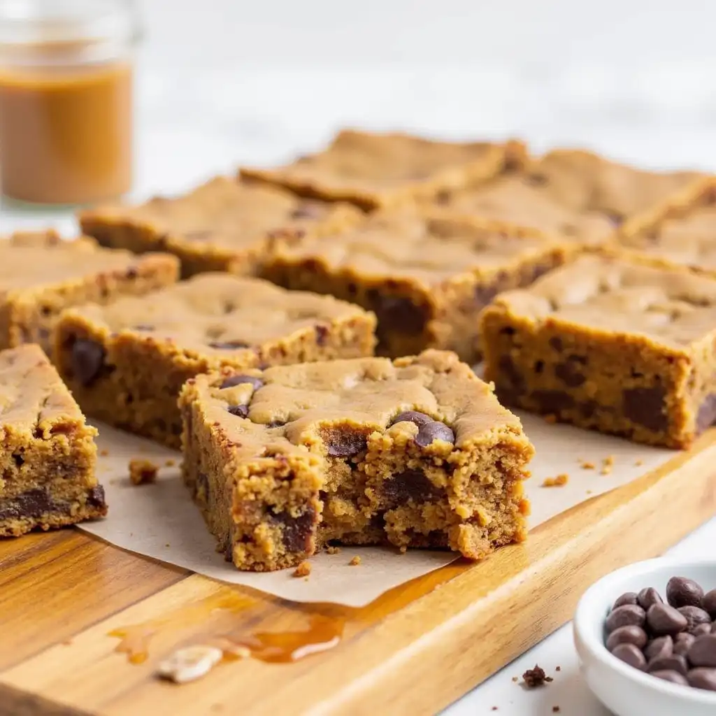 Gooey almond butter blondies cut into squares with almond butter and chocolate chips nearby