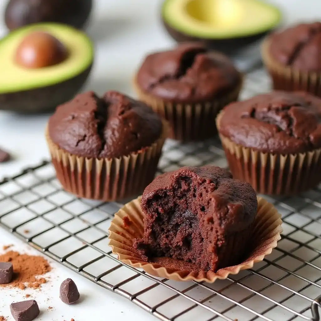 Moist avocado chocolate muffins cooling with fresh avocado and dark chocolate chunks
