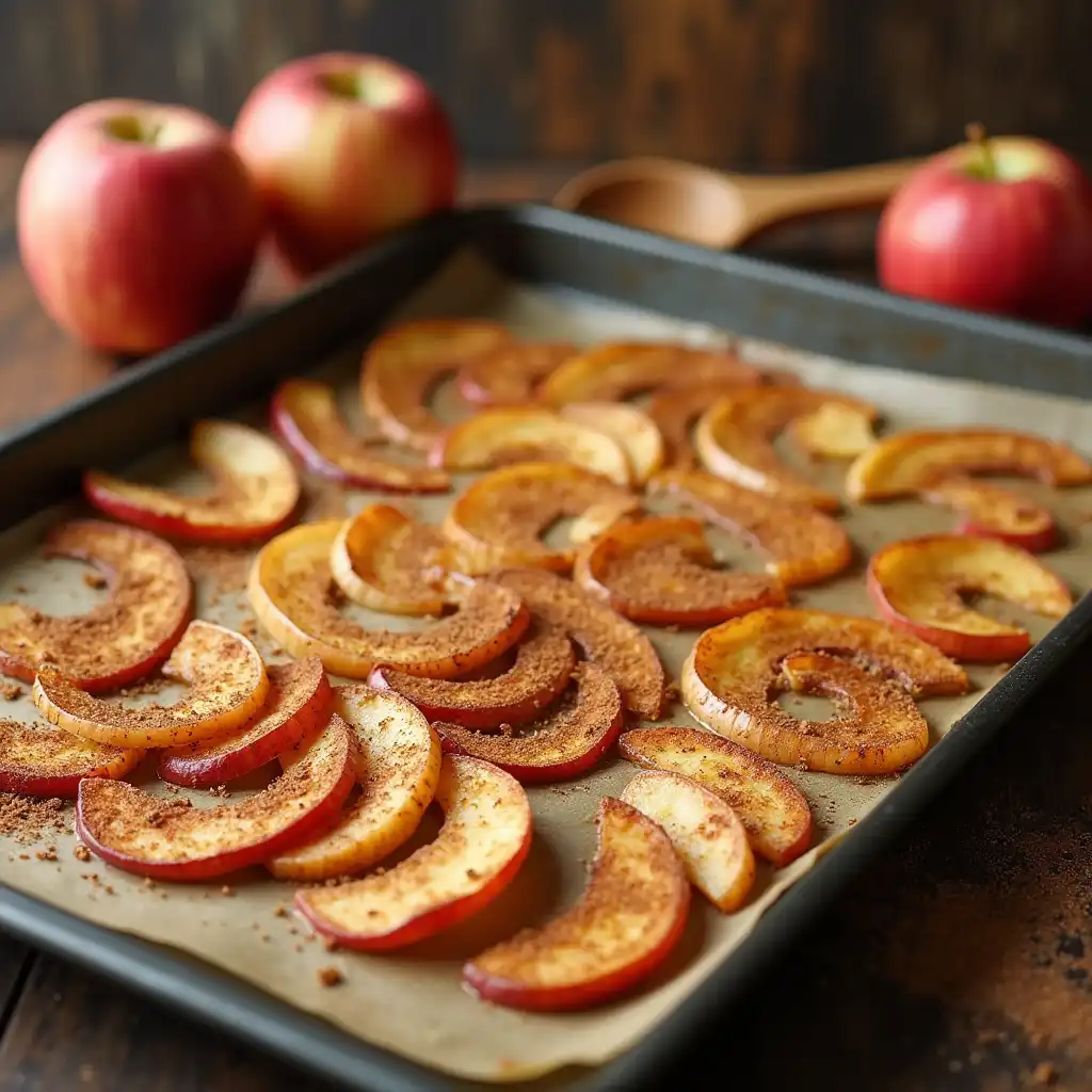 Thin apple chips dusted with cinnamon on a baking tray
