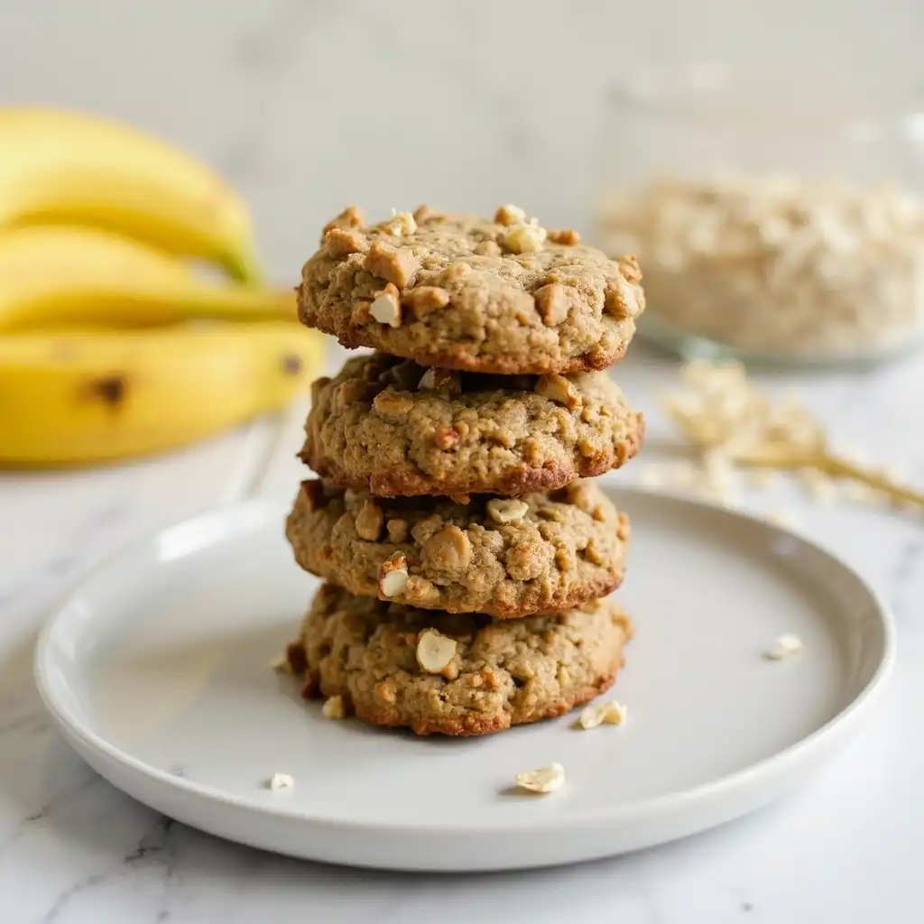 Banana oat cookies stacked on a plate with bananas and oats in the background