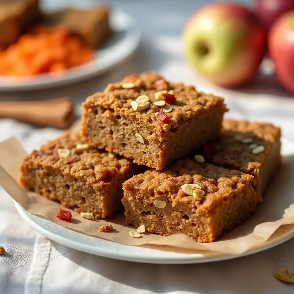 Carrot cake bars with oats and grated carrot served on a plate
