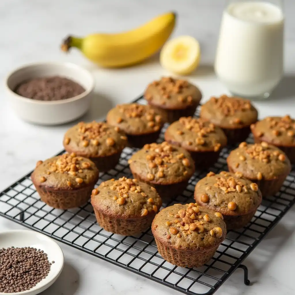 Chia seed muffins next to bananas and plant-based milk on a cooling rack