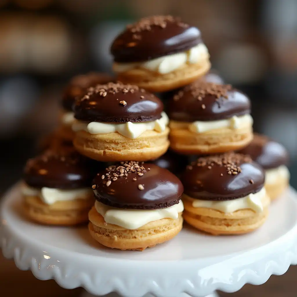 Glossy chocolate eclairs with vanilla filling, styled like a British Baking Show dessert