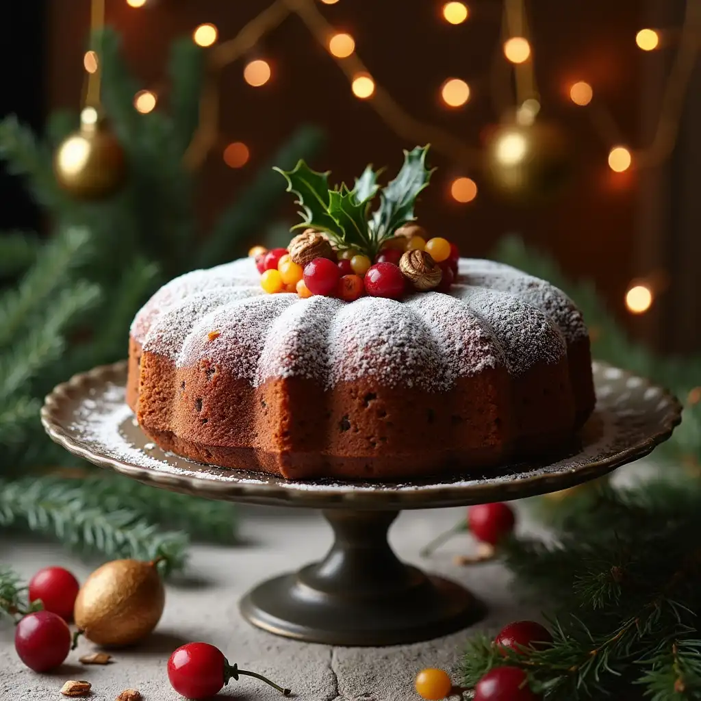 Classic Christmas fruitcake topped with candied fruits and powdered sugar on a festive plate.