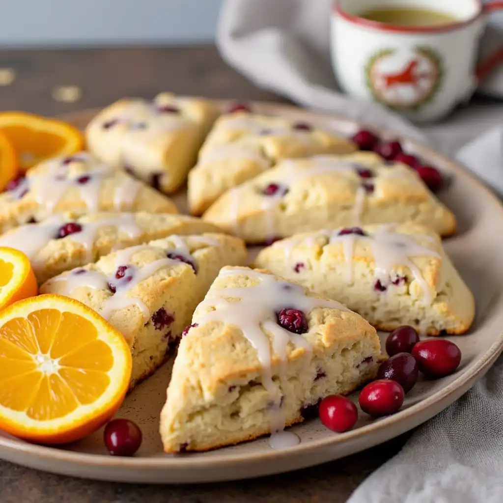 Fresh cranberry orange scones with orange glaze on a rustic tray