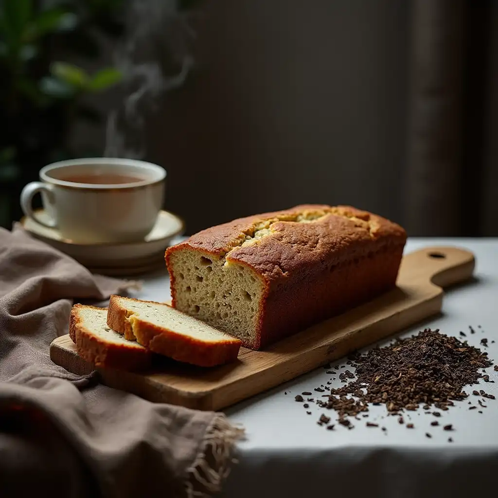 Sliced Earl Grey tea loaf with warm tones, a recipe inspired by the British Baking Show