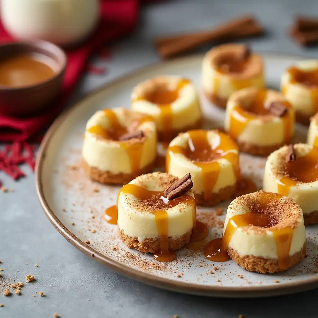 Mini eggnog cheesecake bites dusted with nutmeg and caramel drizzle