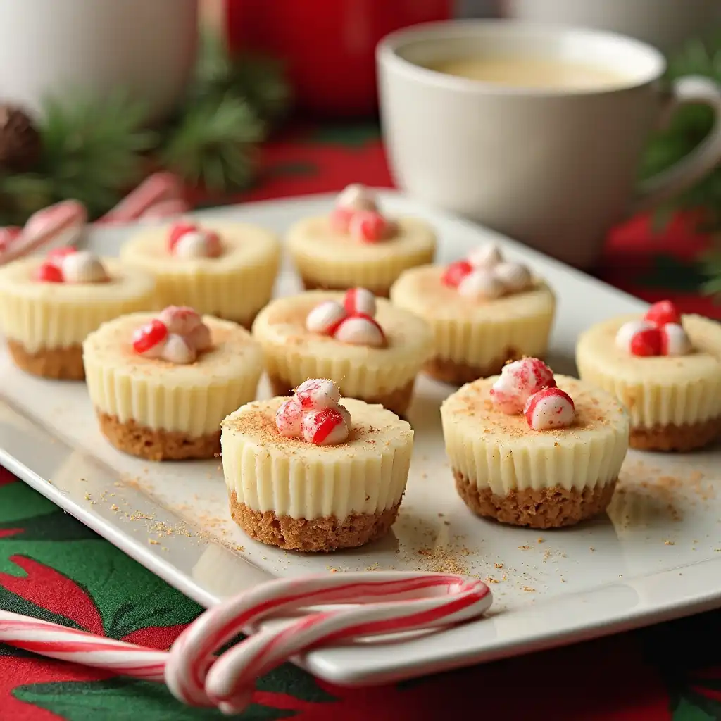 Small cheesecake bites flavored with eggnog and topped with nutmeg and candy canes.