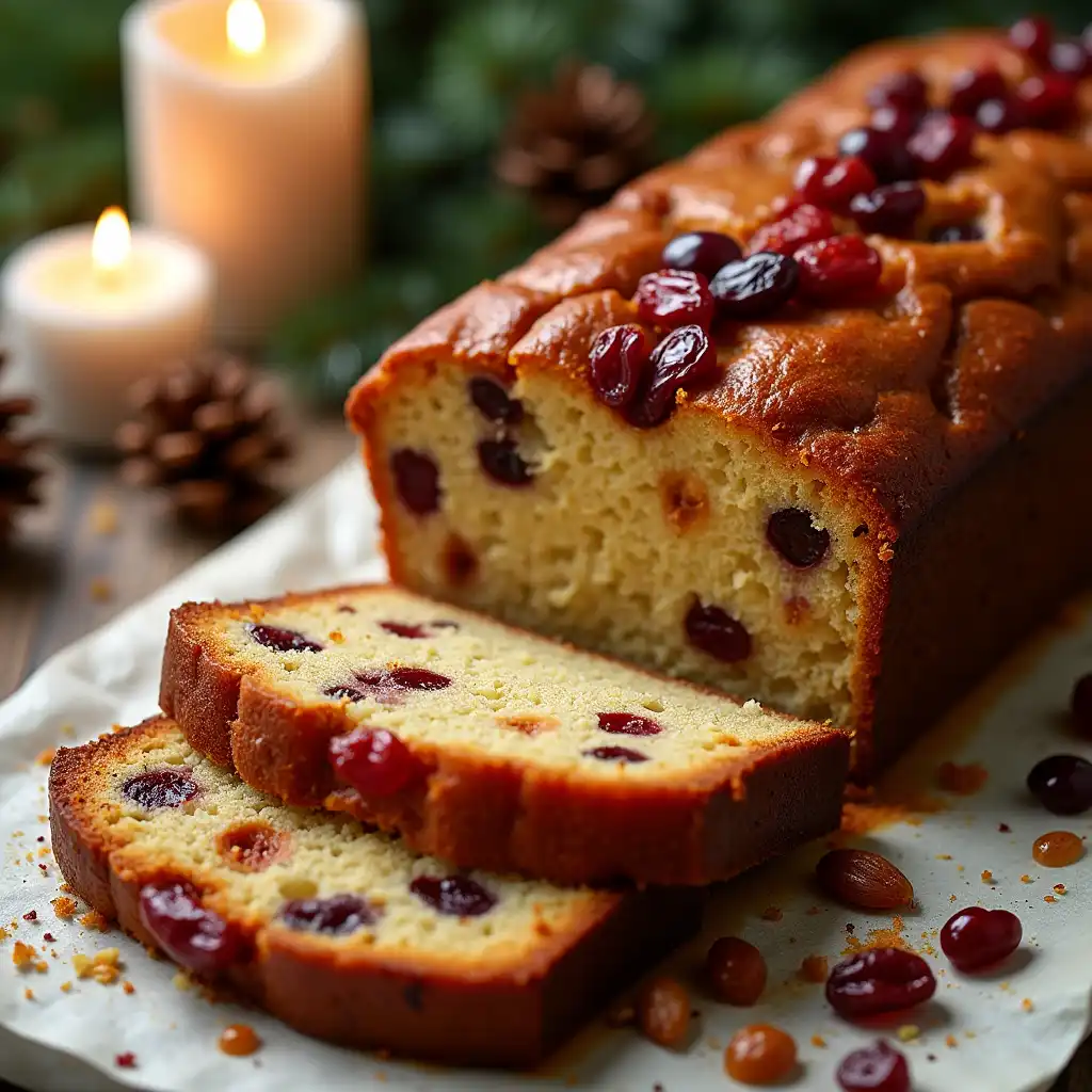 Sliced festive fruitcake with dried fruits and nuts on a holiday table