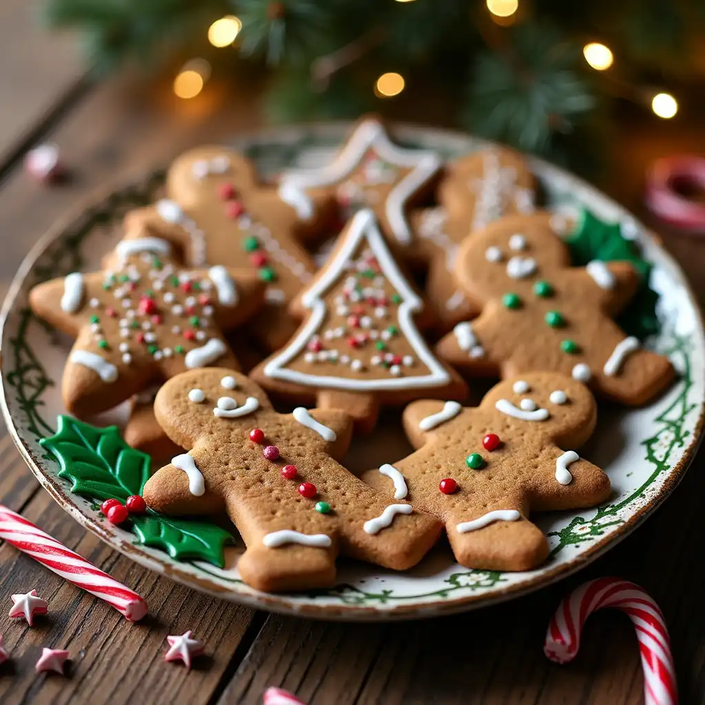 Gingerbread cookies shaped like stars and trees, decorated with white icing and holiday sprinkles.