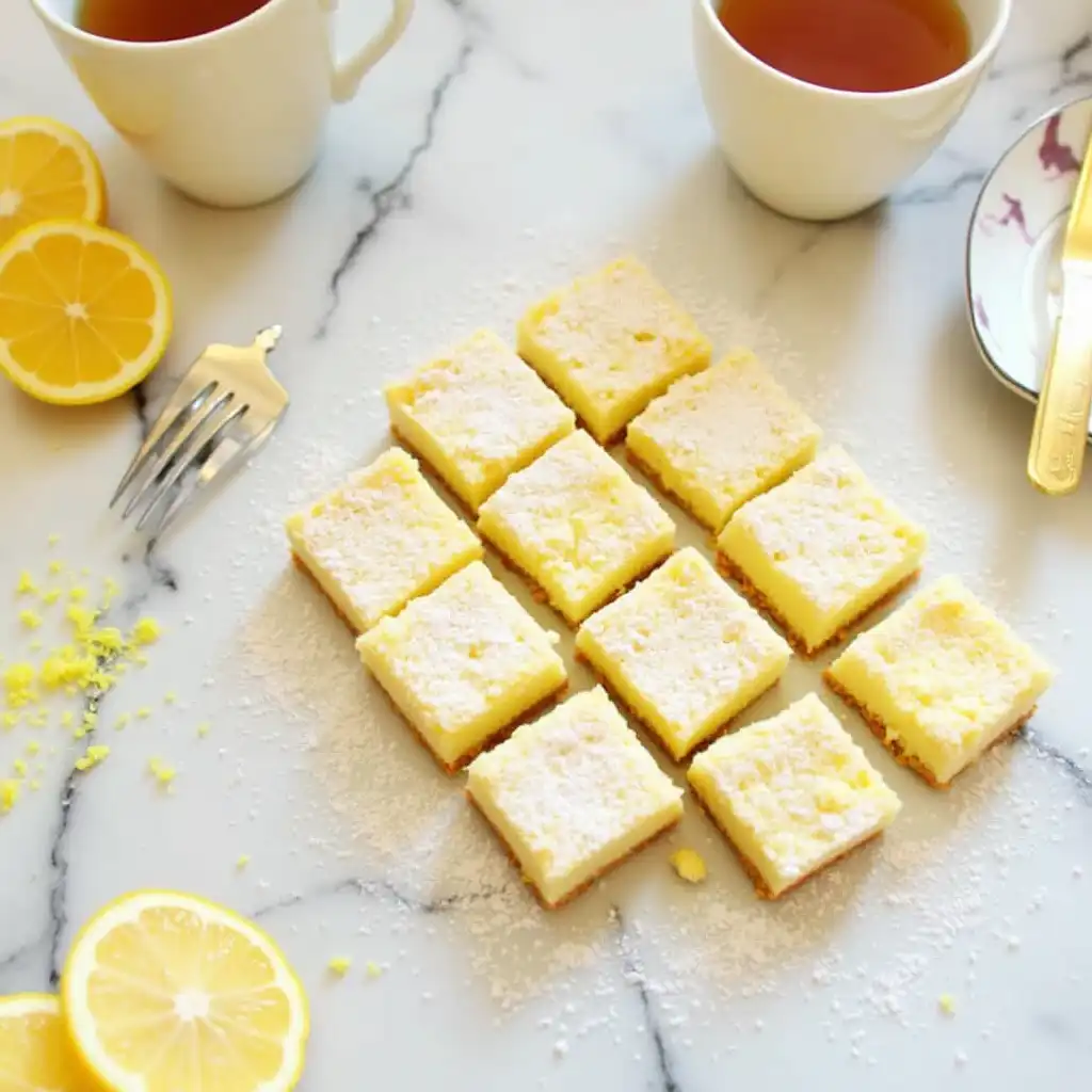 Zesty lemon bars made with Greek yogurt and oat crust on a white surface