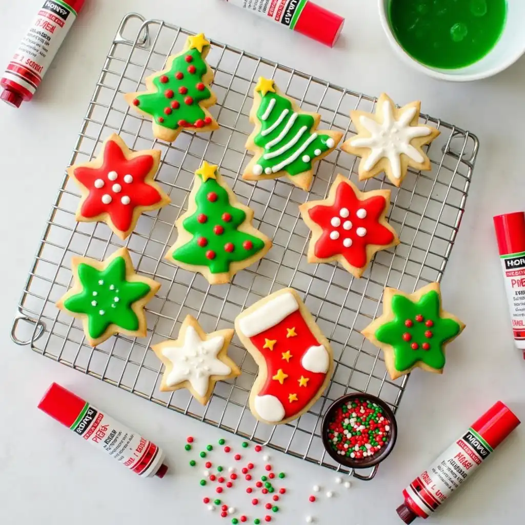Christmas sugar cookies in the shapes of stars and trees, decorated with red, green, and white icing.