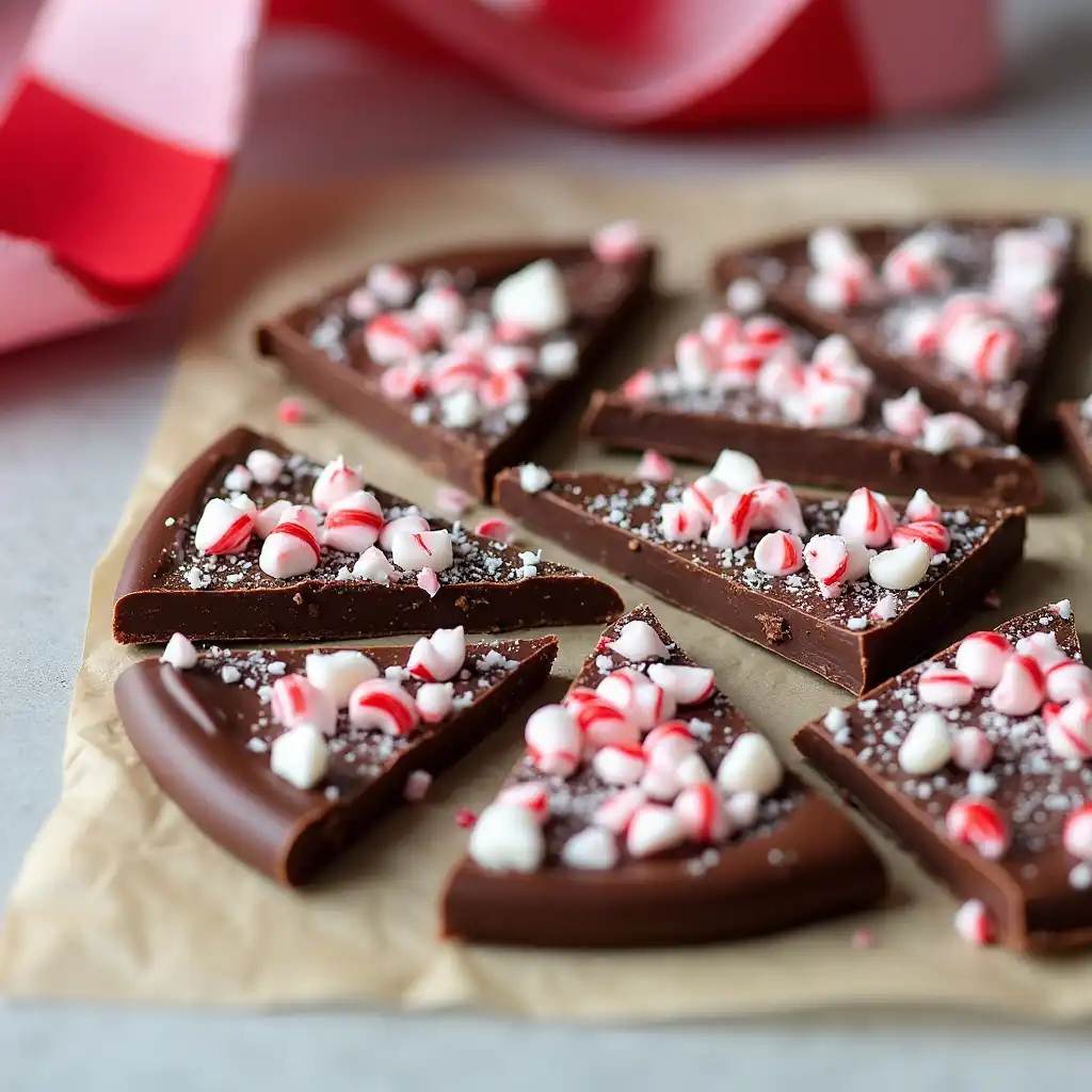 Peppermint chocolate bark with crushed candy canes on parchment paper