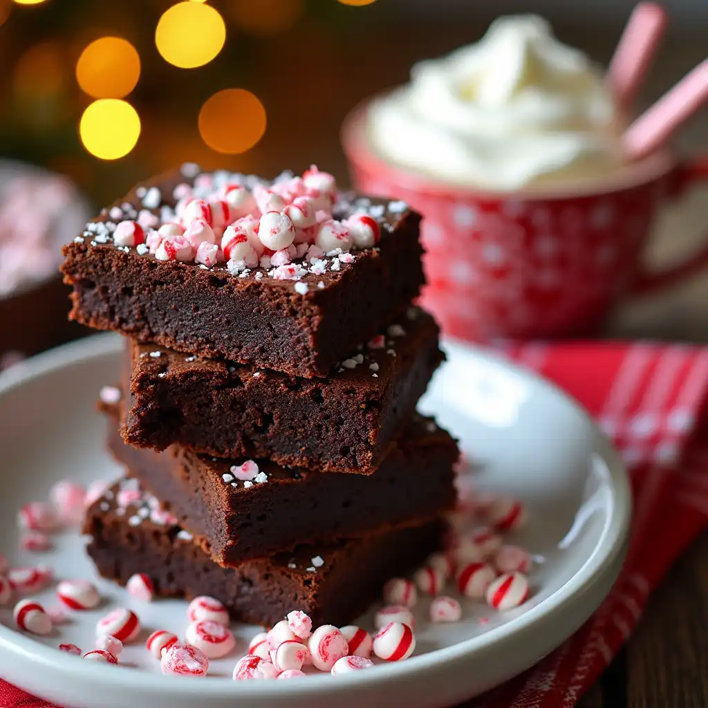 Chocolate brownies topped with crushed candy canes and served on a red holiday plate.
