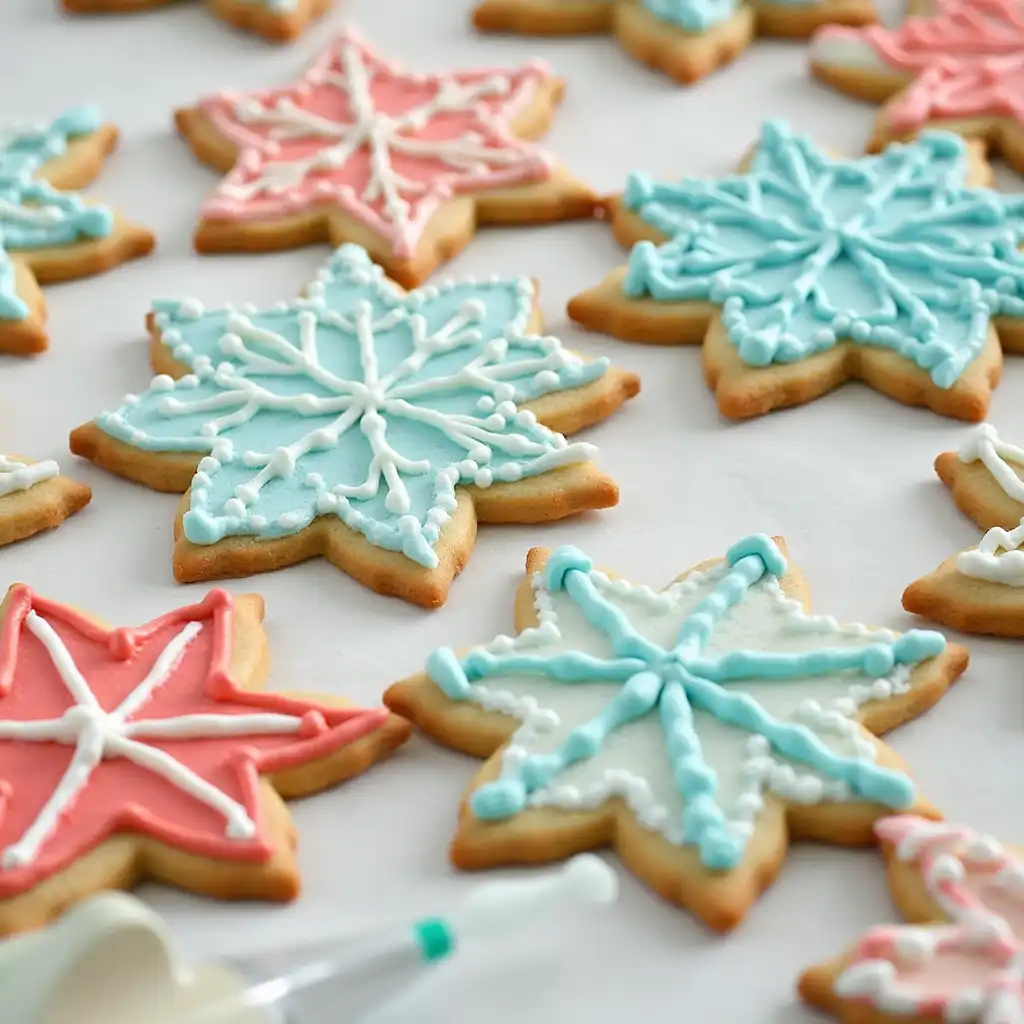 Snowflake-shaped sugar cookies decorated with white royal icing