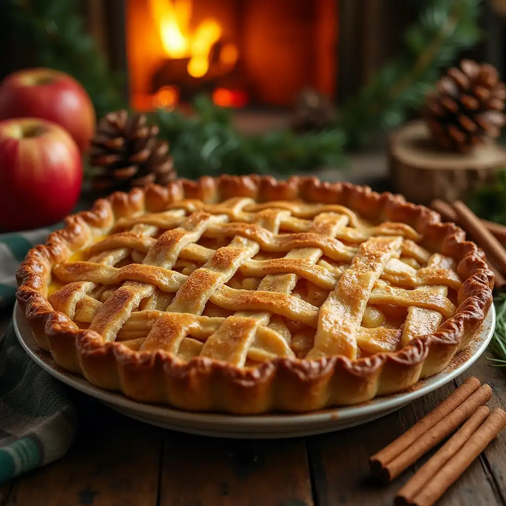 A lattice-crust apple pie with cinnamon sticks and apples, placed on a holiday-decorated table