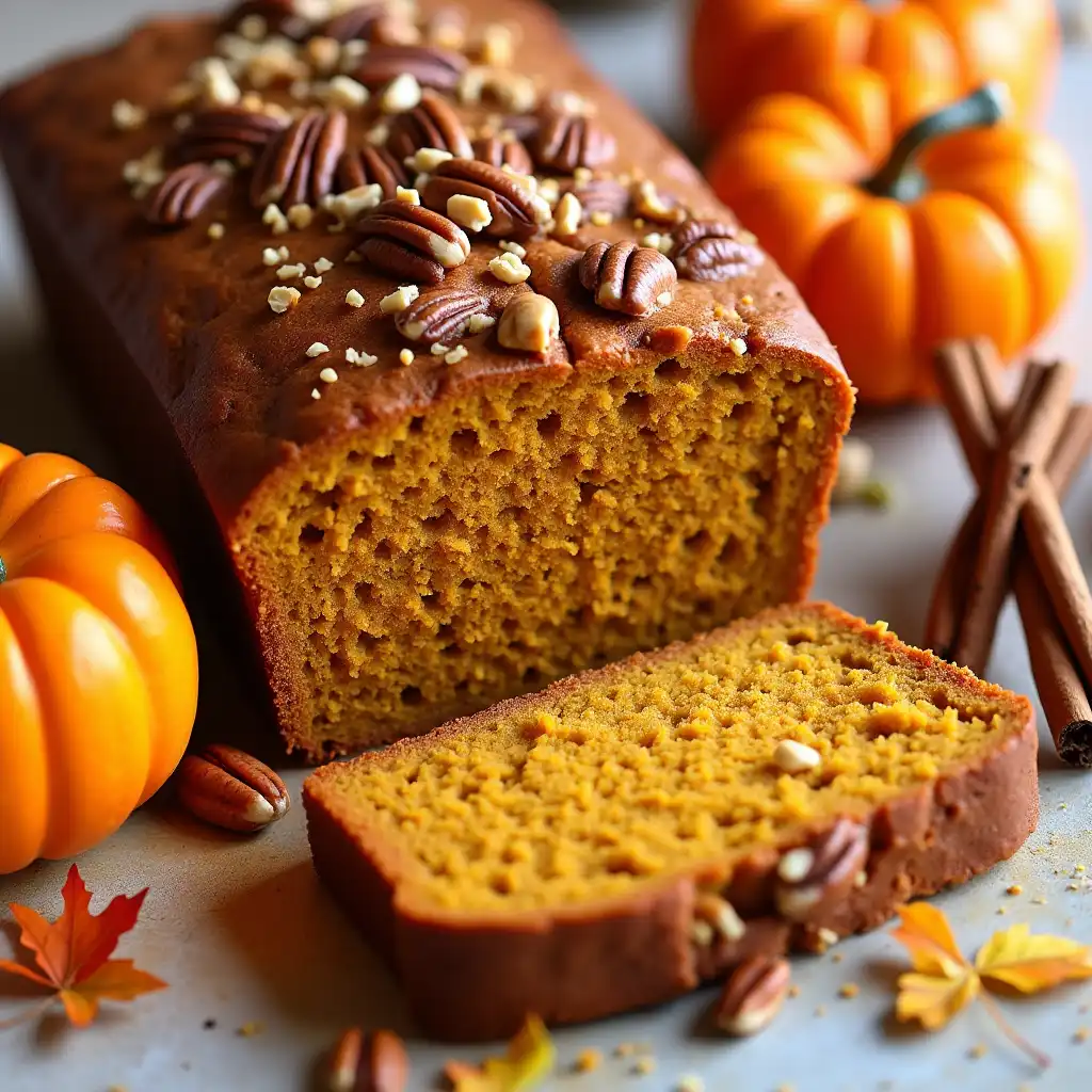 Sliced spiced pecan pumpkin bread surrounded by fall decorations