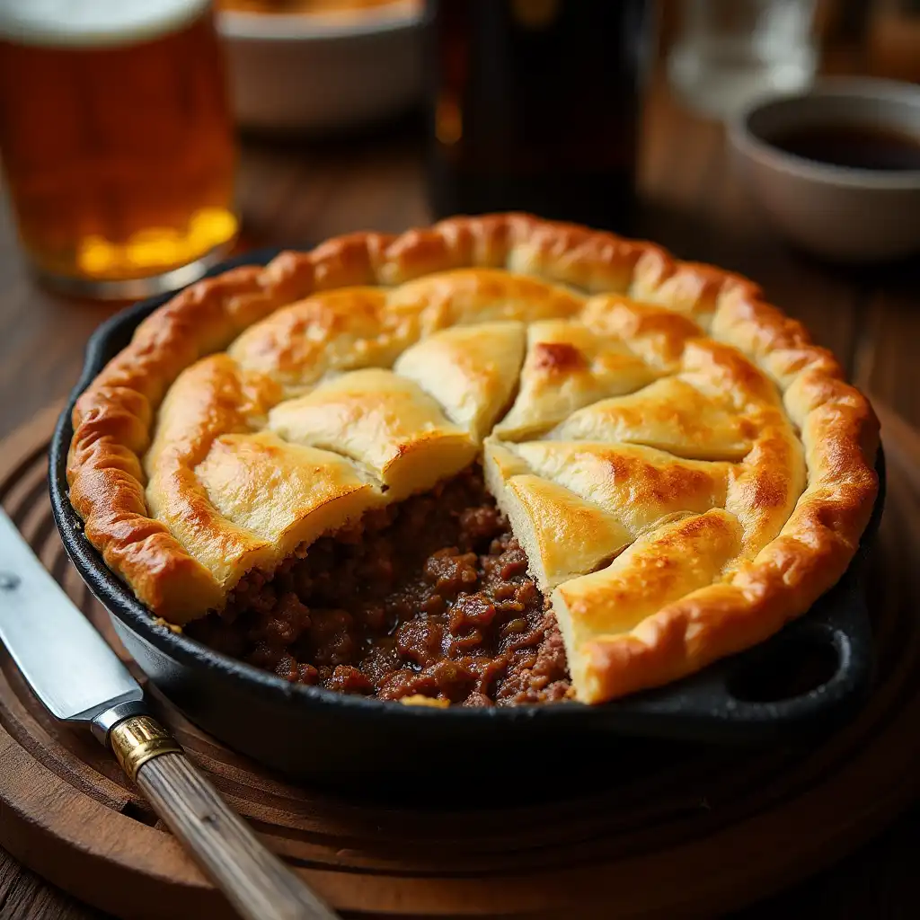 Hearty steak and ale pie with flaky pastry, inspired by British Baking Show recipes