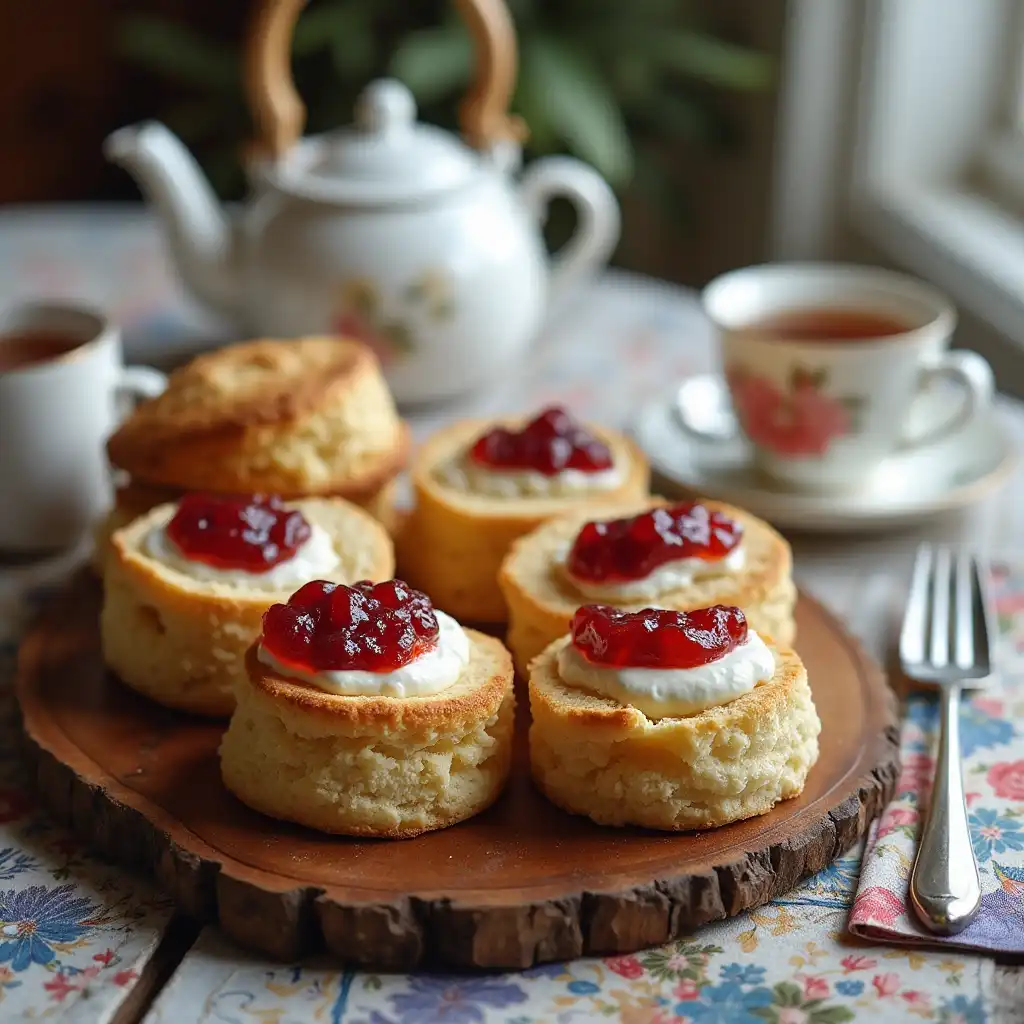 Traditional British scones topped with clotted cream and jam, inspired by the British Baking Show