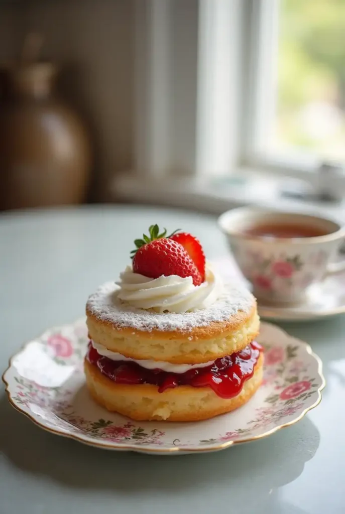 A traditional Victoria sponge cake with jam and cream, inspired by British Baking Show recipes