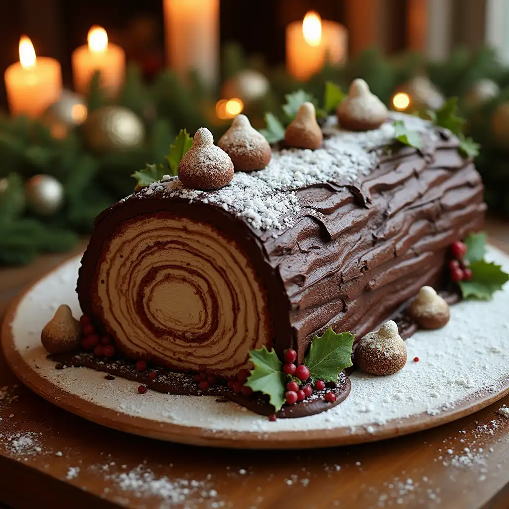 A frosted chocolate Yule log cake decorated with powdered sugar and meringue mushrooms.
